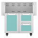 Stainless double drawer and door cart with teal drawer fronts and two panel inserts