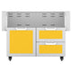 Double drawer and door cart with yellow drawer fronts, white frame, side handles.