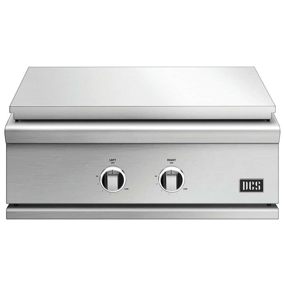 Stainless steel 30-inch built-in griddle with closed lid and two control knobs