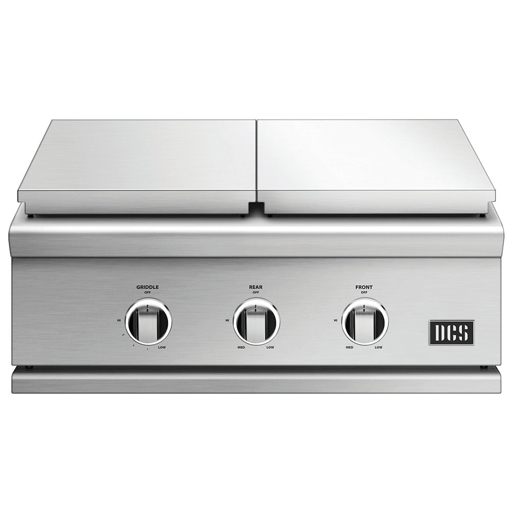 Stainless steel built-in grill and griddle combo with three front control knobs