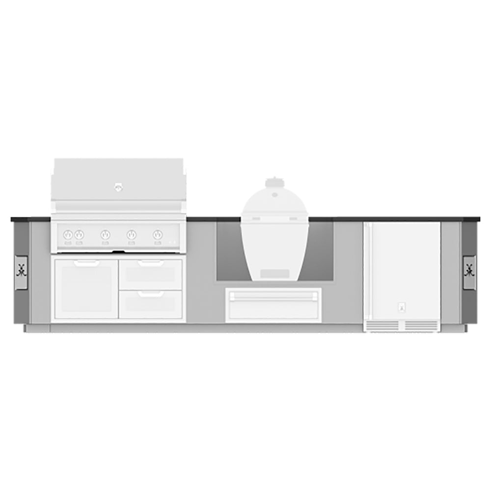 Outdoor grill island with gas grill and central kamado dome, side doors, and pullout drawer