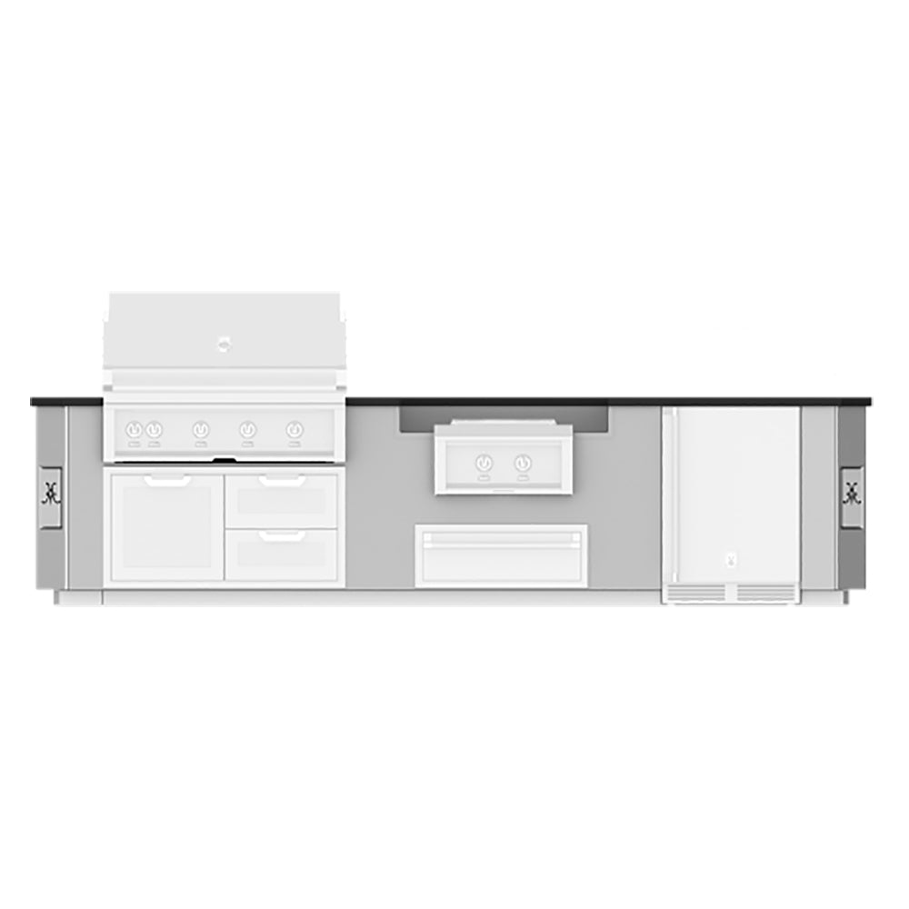 Outdoor grill island suite with stainless front, control panel, and two cabinet doors