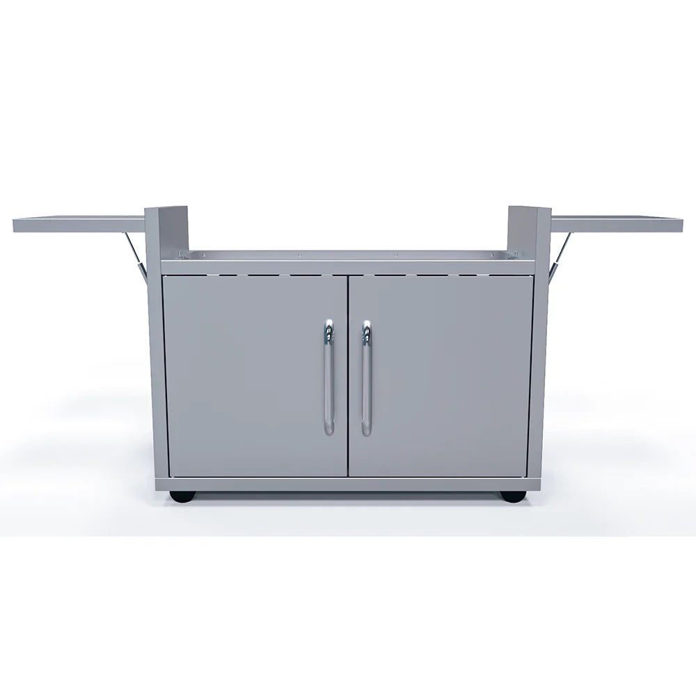 Freestanding griddle cart front view with two cabinet doors, curved handles, and wheels