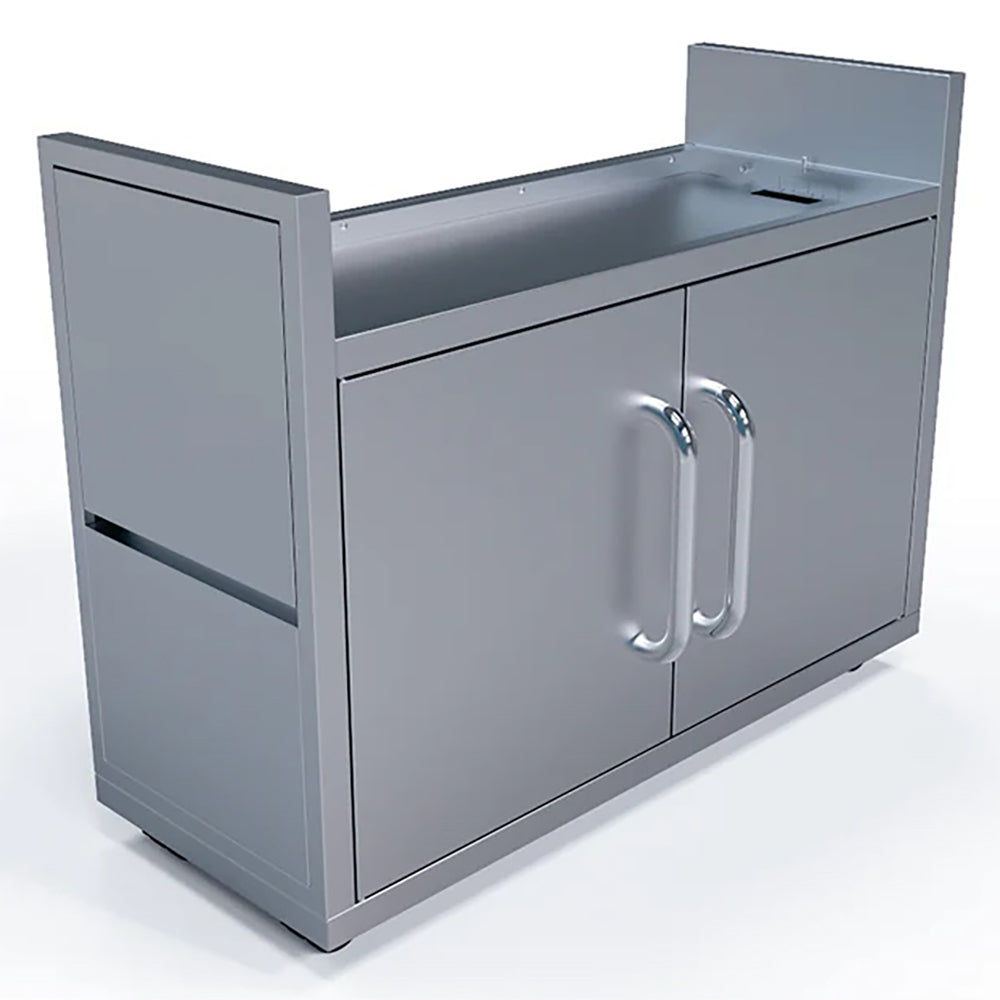 Freestanding griddle cart with side shelf, steel work surface, and double cabinet doors