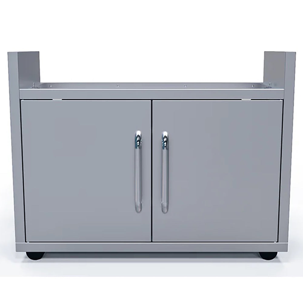 Freestanding griddle cart with two cabinet doors, central pull handles, and side uprights