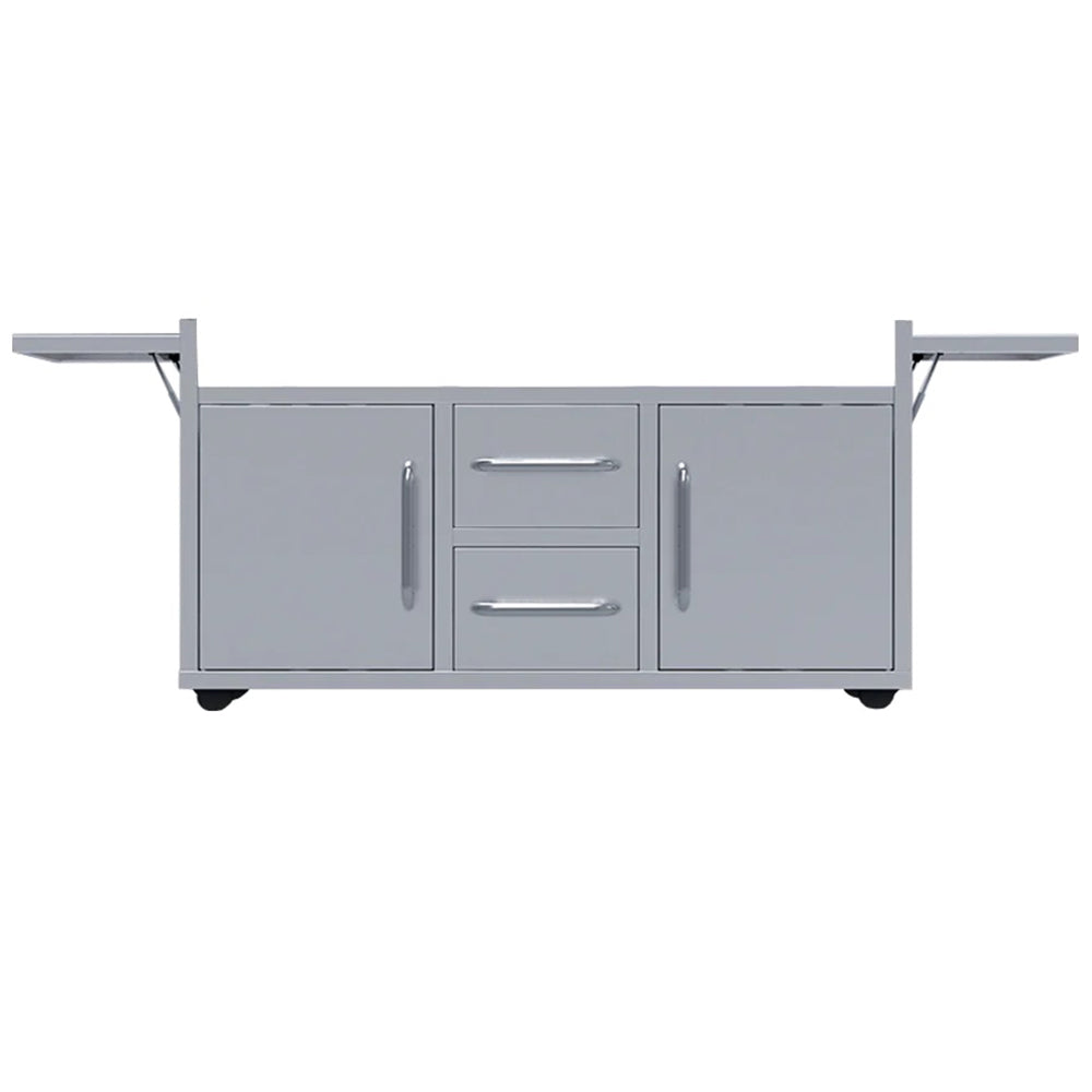 Freestanding grill cart front view with drawers, cabinet doors, and side shelves
