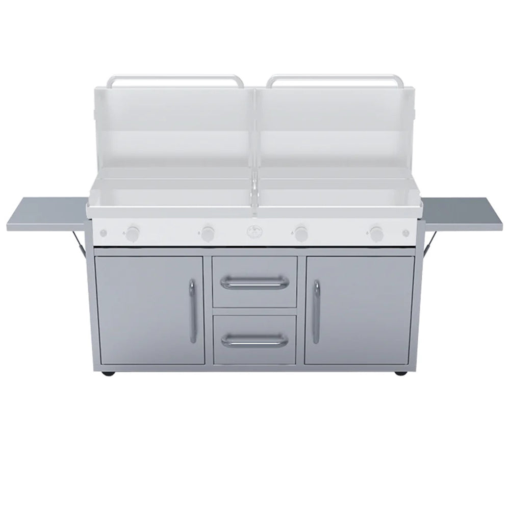 Freestanding grill cart with open lid panels, center drawer, and cabinet doors