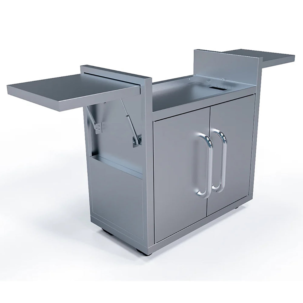 Freestanding outdoor griddle cart with two side cabinets and shelf, light gray finish