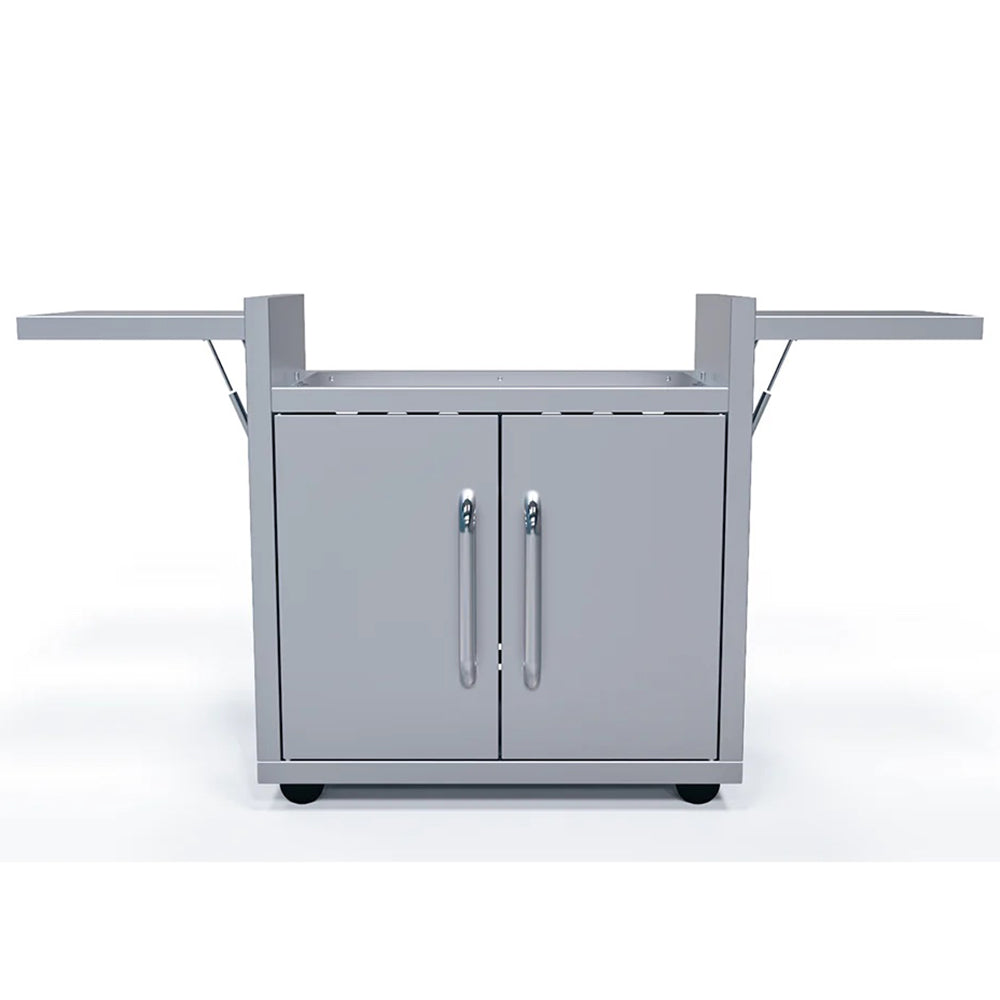 Freestanding griddle cart front view with two doors, double handles, and castor feet