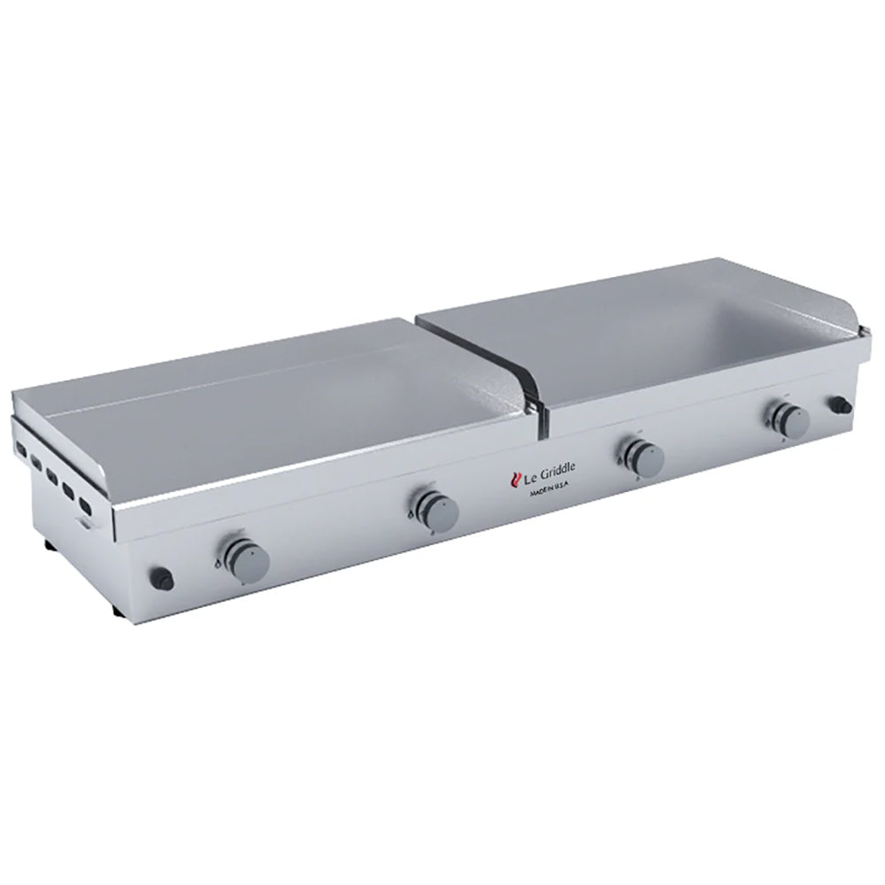 Built-in stainless steel dual-fuel griddle with two black control knobs and vented ends