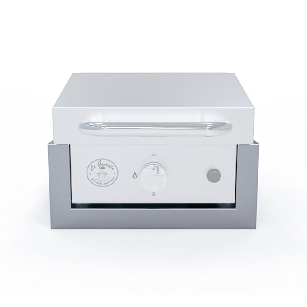 Light gray griddle liner base with front panel cutouts and open top tray