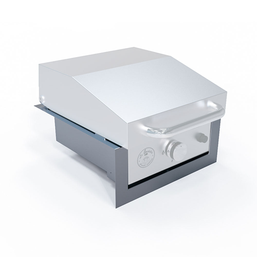 Light gray griddle liner housing with open top tray and front control cutouts