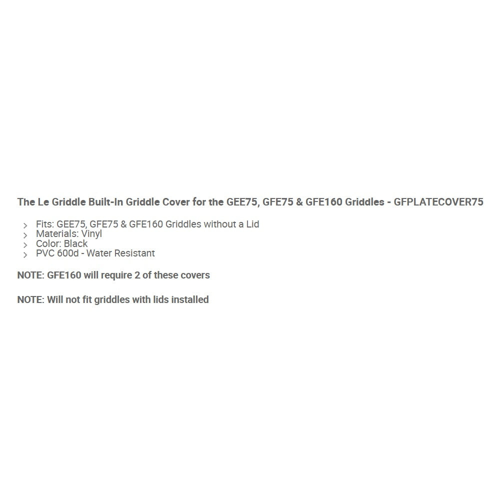 Vinyl griddle cover info text listing compatible models and waterproof PVC
