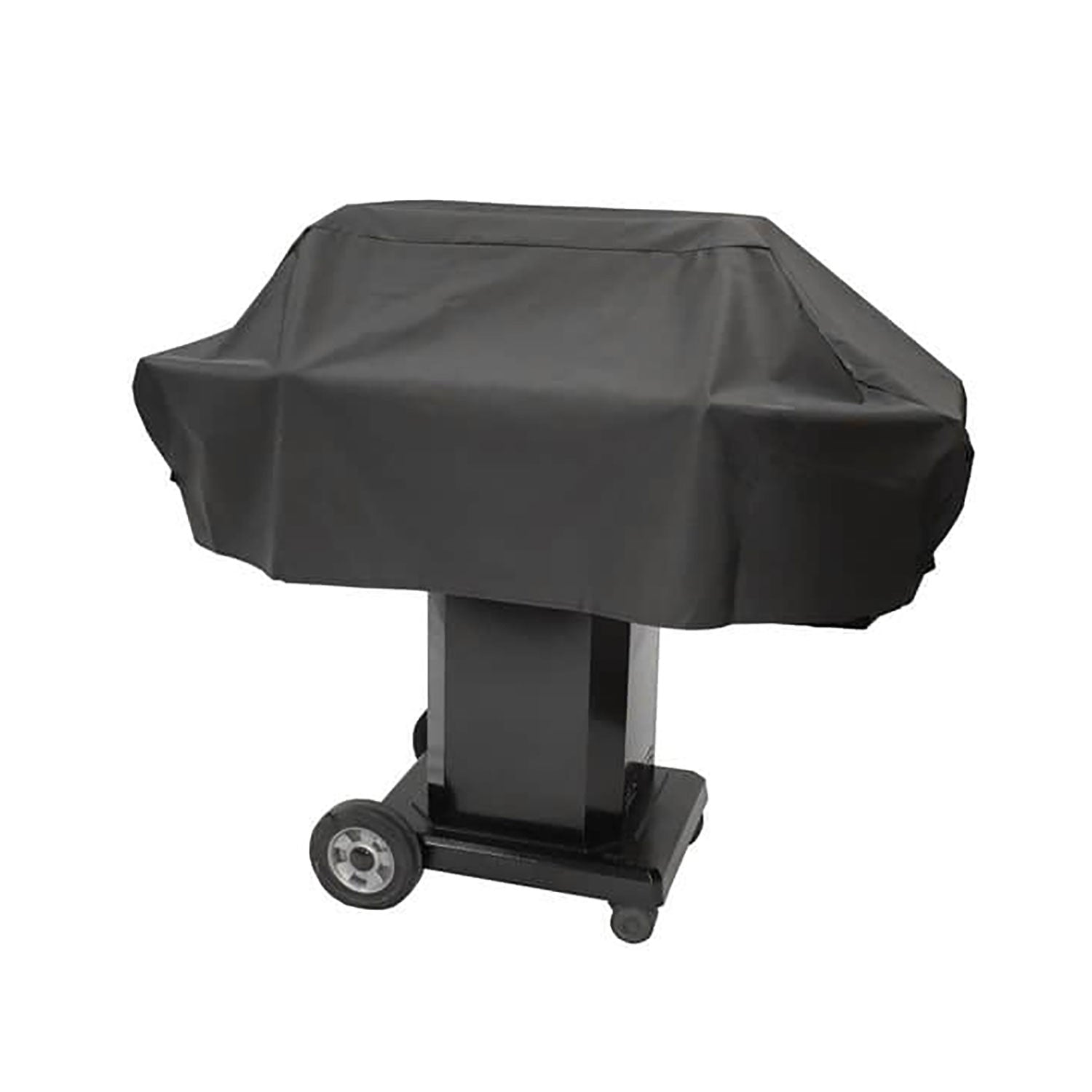 Half-length vinyl grill cover for MHP grills, dark gray, fitted over grill