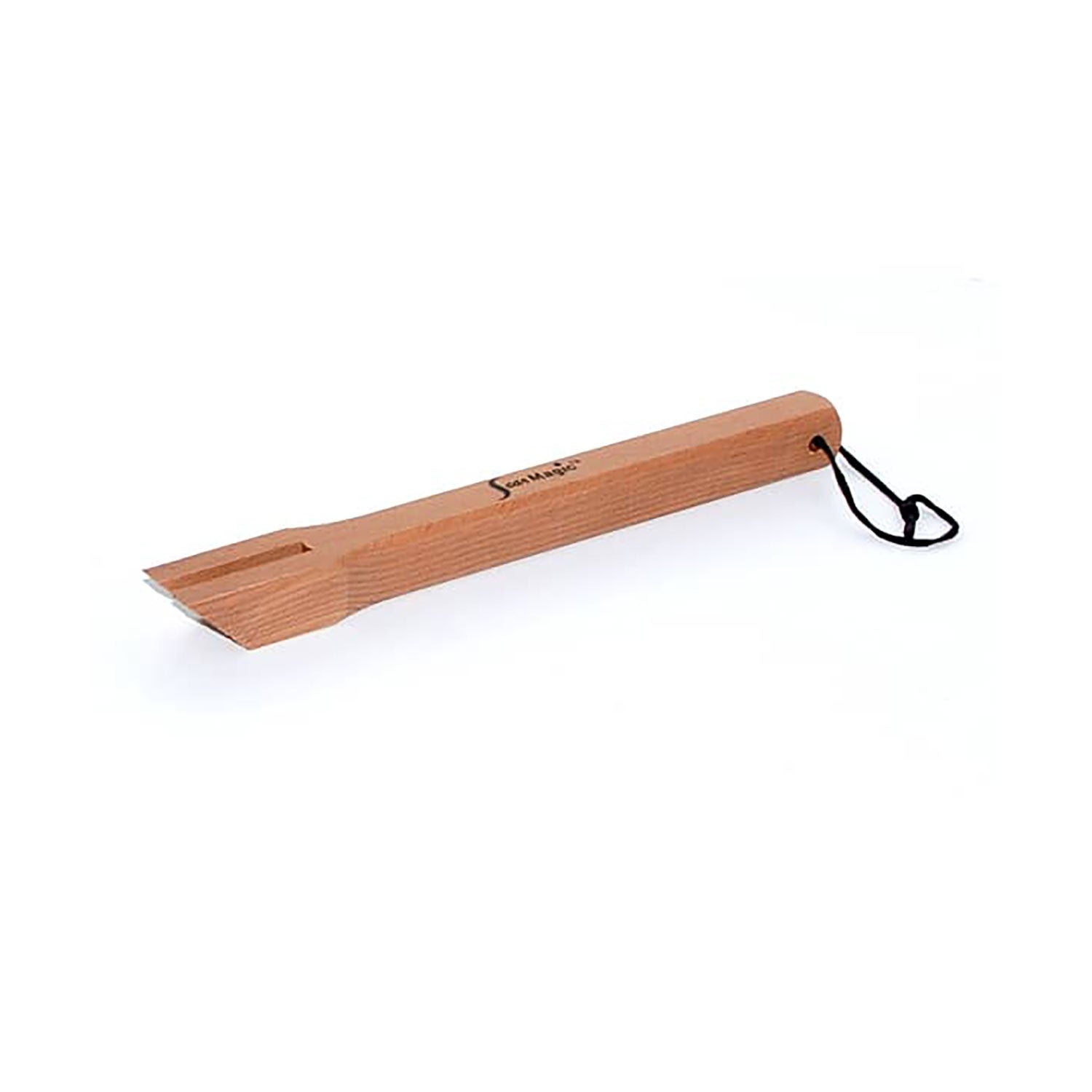 Wood scraper with angled blade and black loop handle for removing residue.