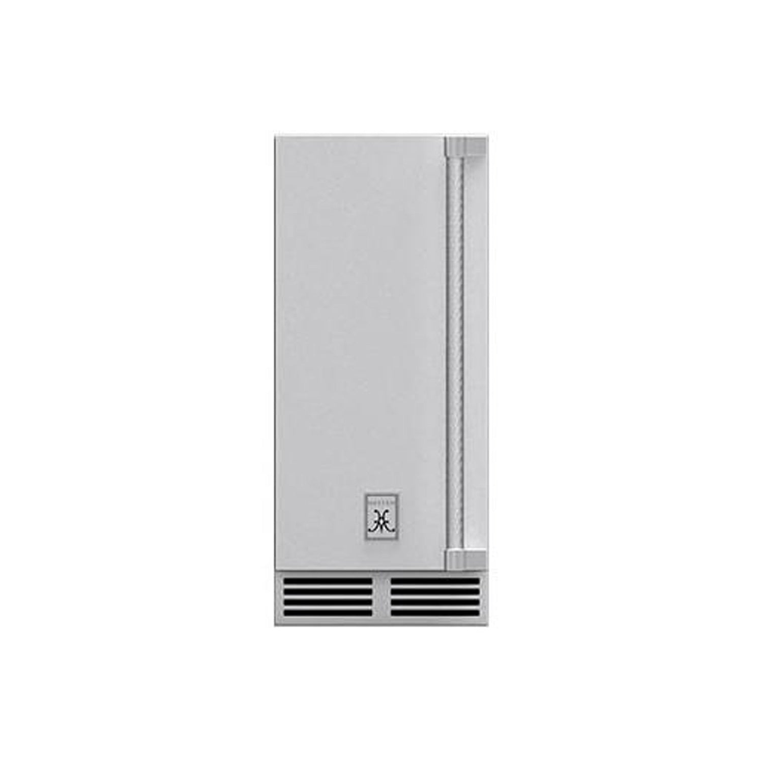 Outdoor ice machine with stainless steel door, side hinge post, and bottom ventilation grilles