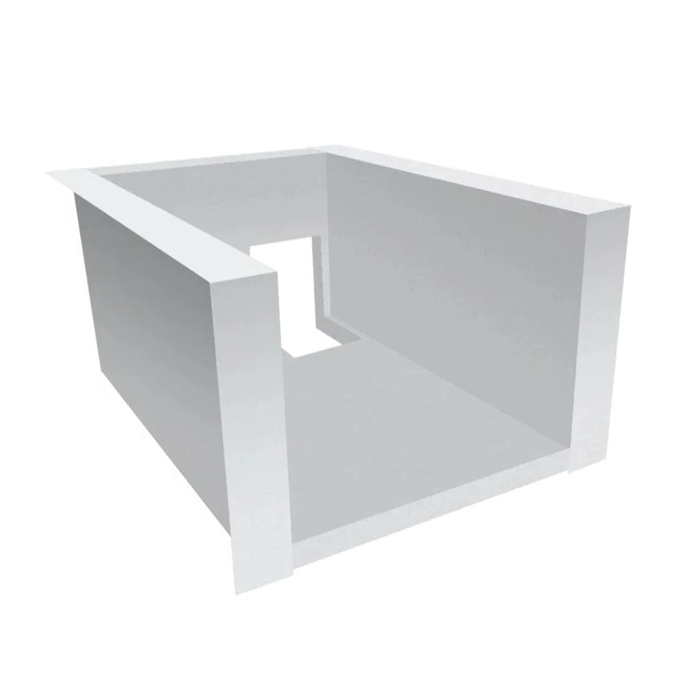 Grey insulating jacket shell with open front and cutout window for grill burner