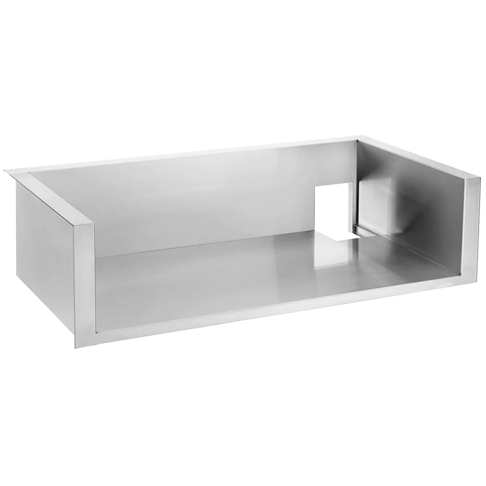 Insulating liner for griddle, rectangular metal tray with raised edges and corner notch