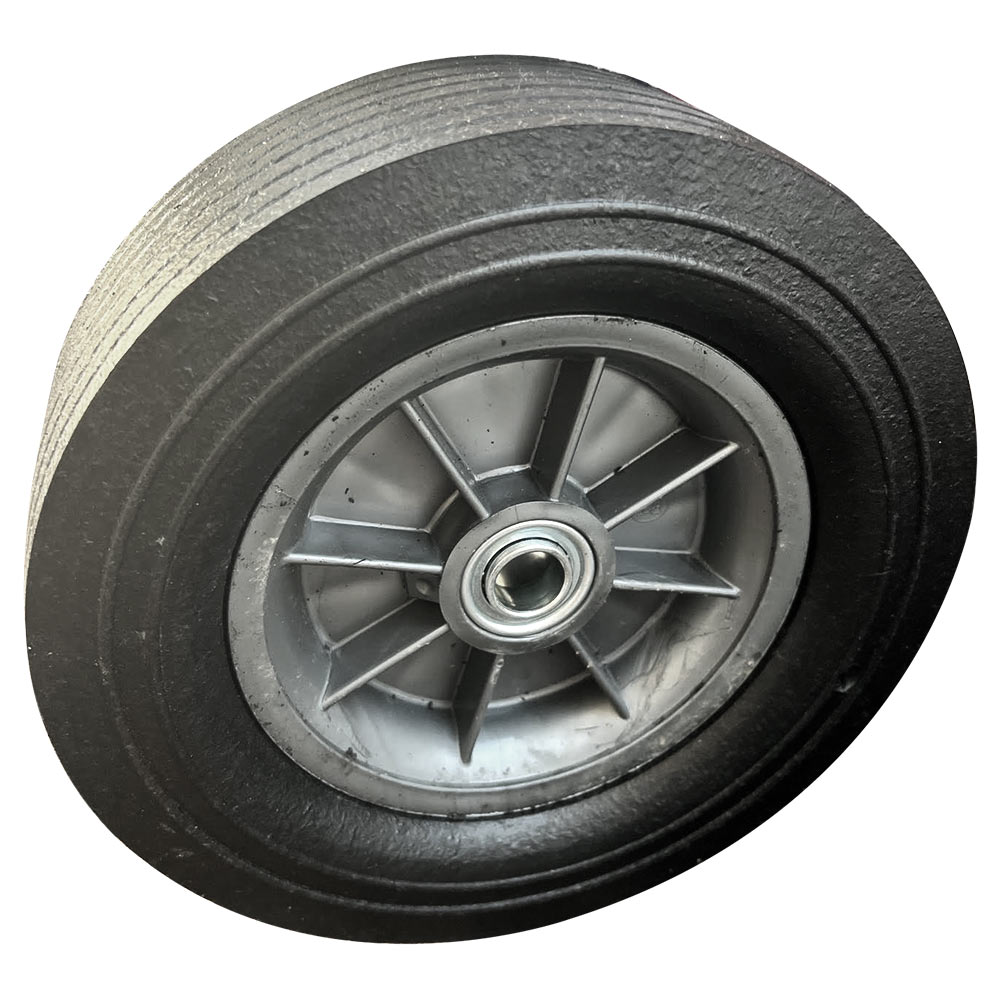 Semi-solid wheel with gray metal hub and black rubber tire, 10x3-inch size