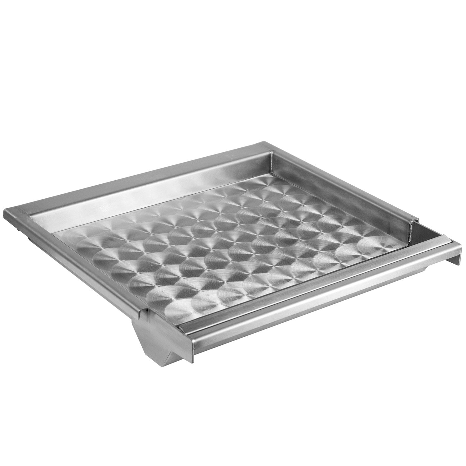 Stainless steel outdoor grill griddle with diamond-plate cooking surface and raised sides