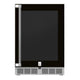 Outdoor built-in refrigerator with dark exterior, black door panel, stainless handle rails