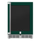 Hestan outdoor built-in refrigerator with dark glass door, stainless hinge posts, vented base