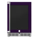 Hestan outdoor built-in refrigerator with dark glass door, stainless hinge posts, vented base