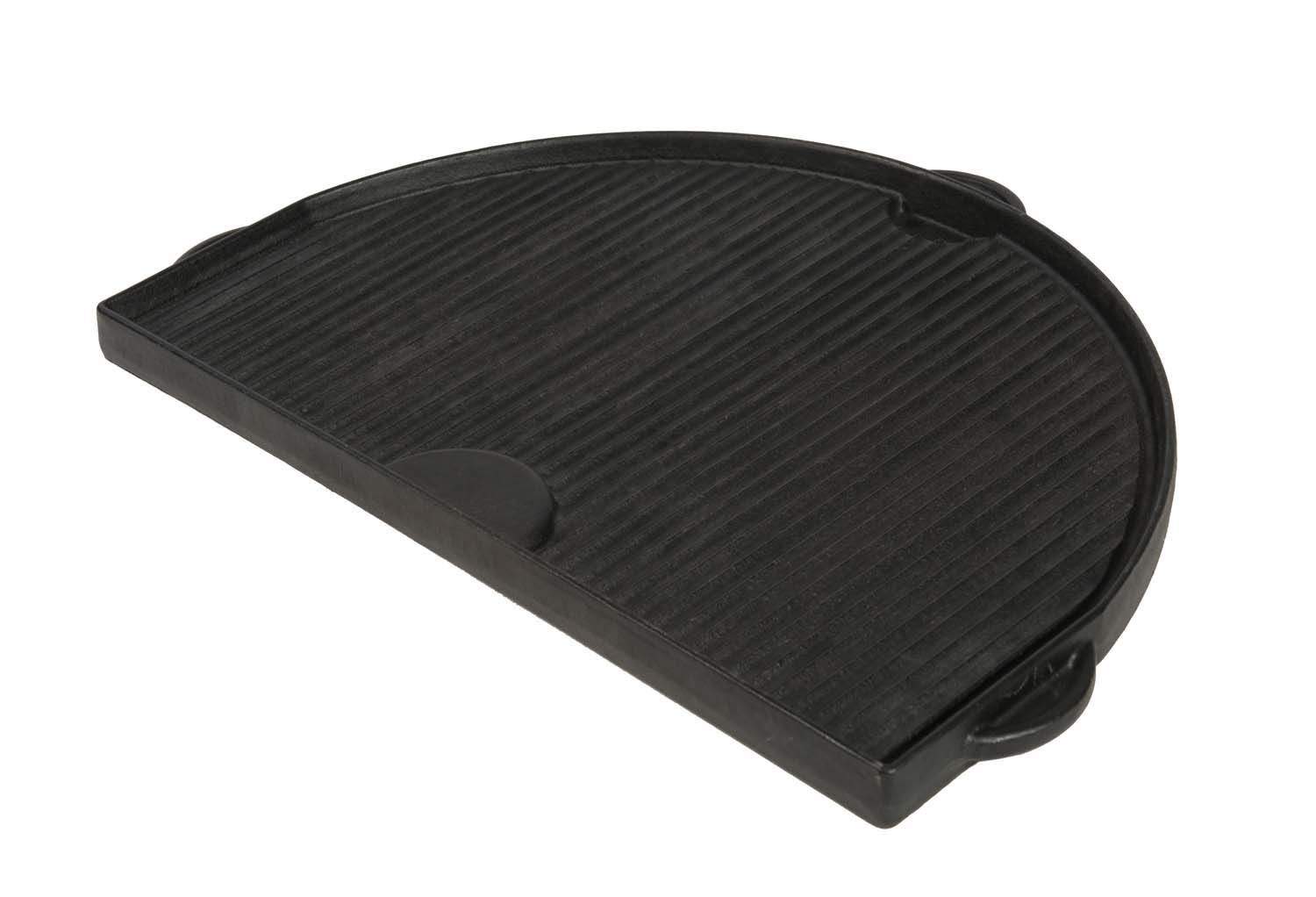 Half-moon cast iron griddle with ridged cooking surface, black finish