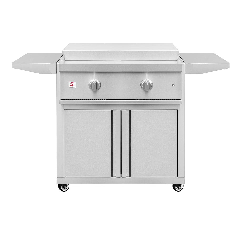 Freestanding gas griddle with two burner knobs, side shelves, and cabinet doors on casters