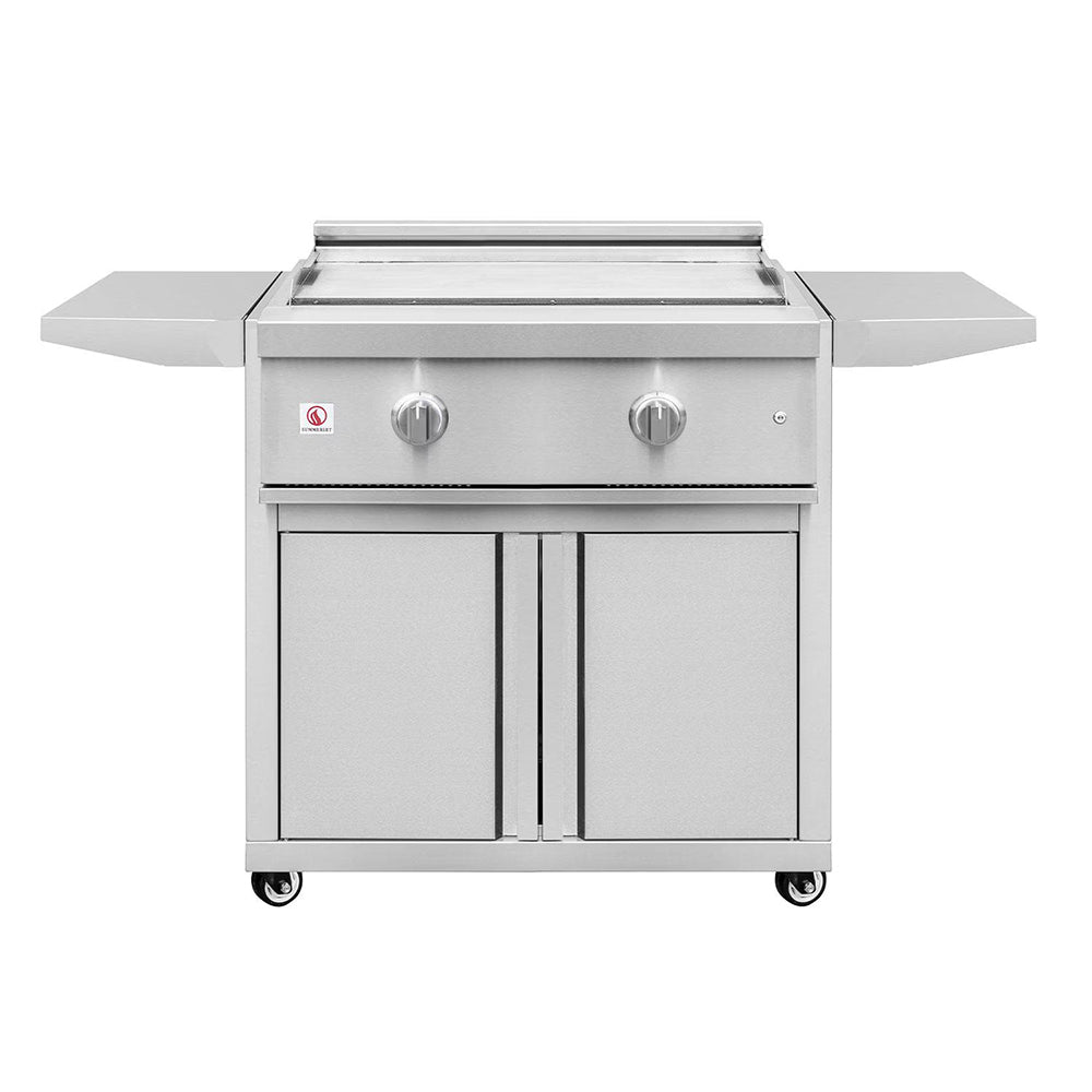 Freestanding gas griddle with front control panel, side shelves, and two cabinet doors