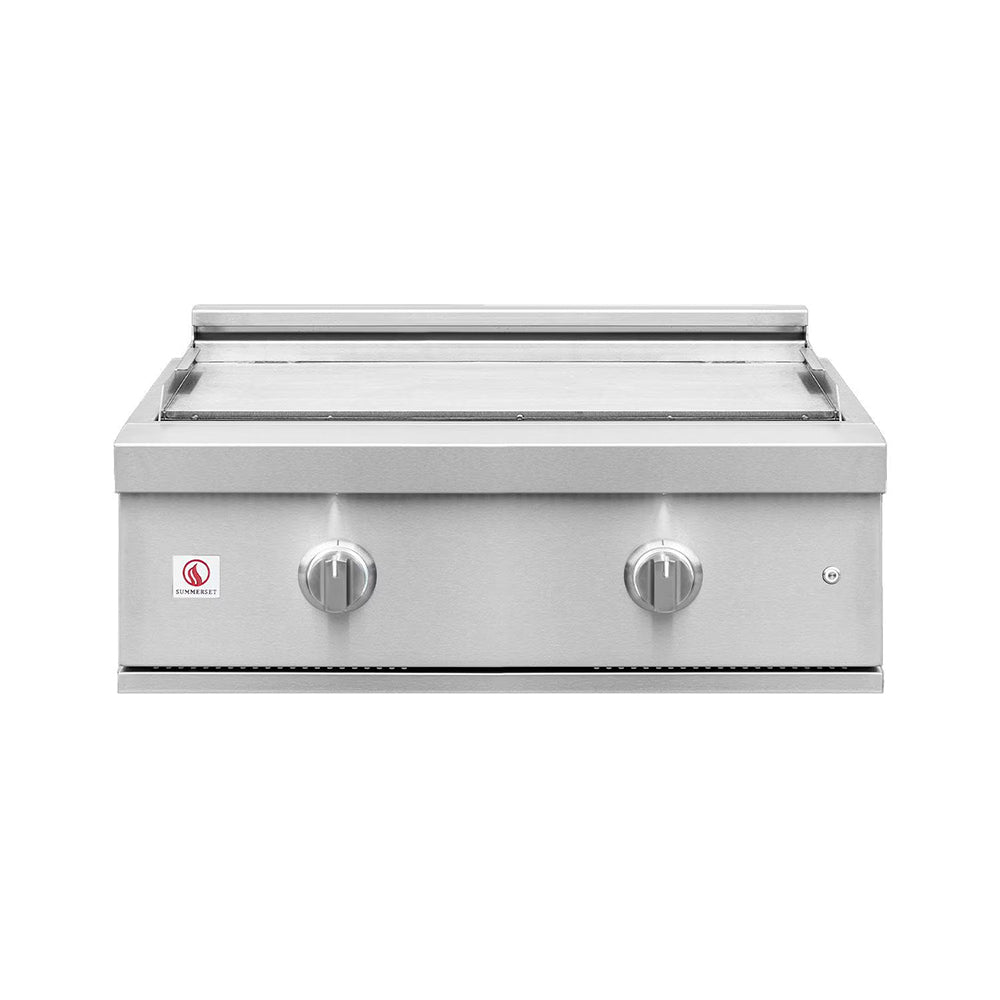 Stainless built-in gas griddle with open lid and two front control knobs