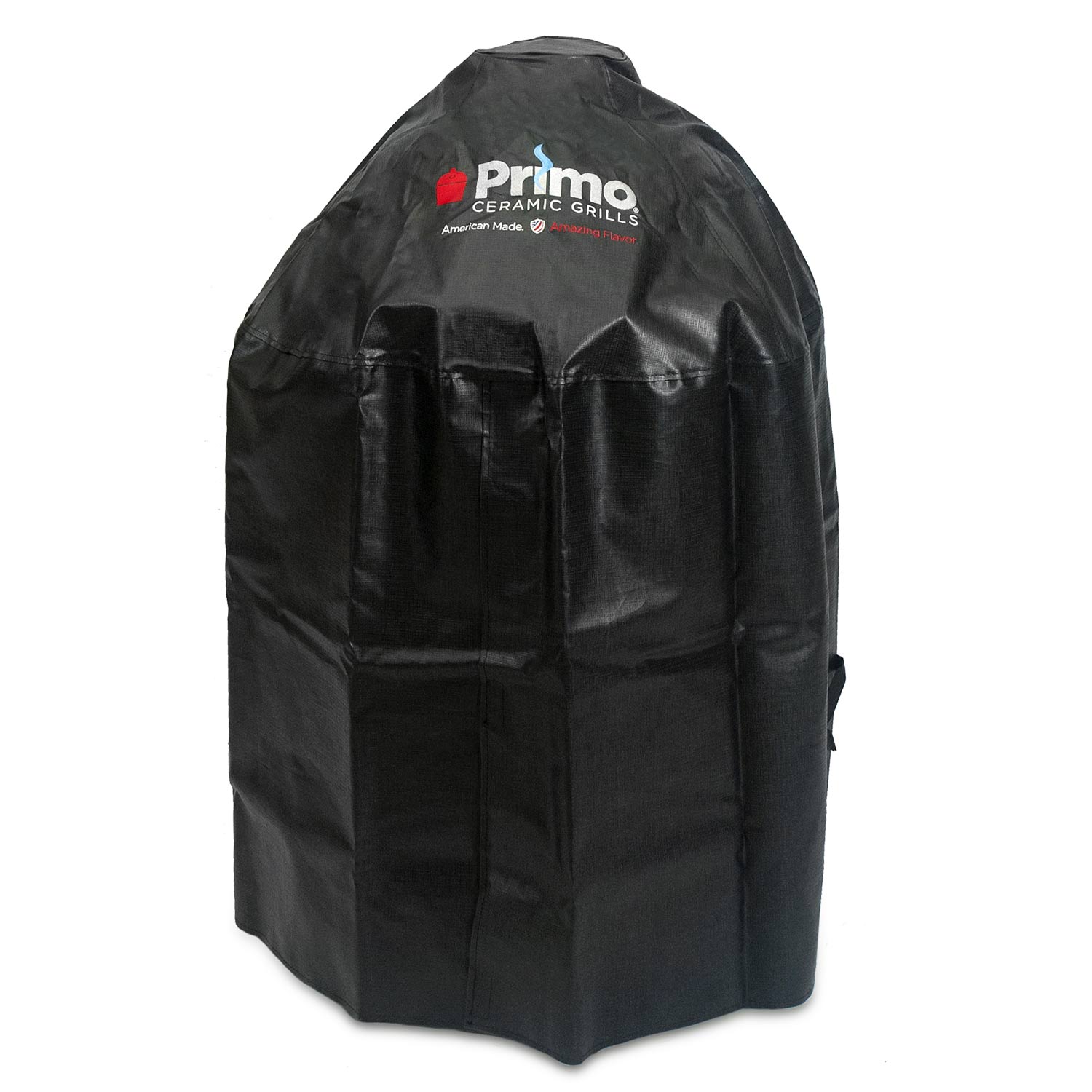 Vinyl grill cover for oval grill, black, with Primo logo on front.