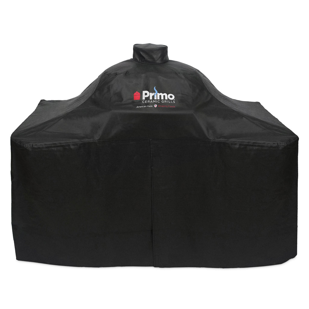 Primo Vinyl Cover for Oval XL 400 & Round Kamado on Curved Cypress Table