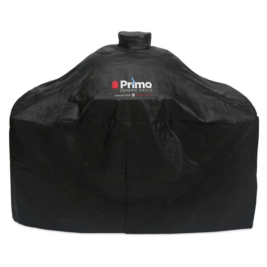 Black vinyl grill cover with top vent and side panels, Primo logo on front