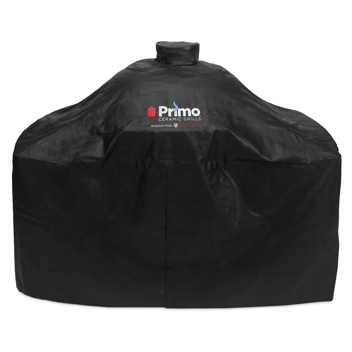 Black vinyl grill cover with top vent and side panels, Primo logo on front