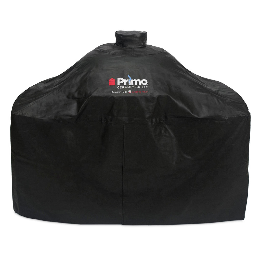 Vinyl grill cover for oval cart, black, with Primo logo and vented top