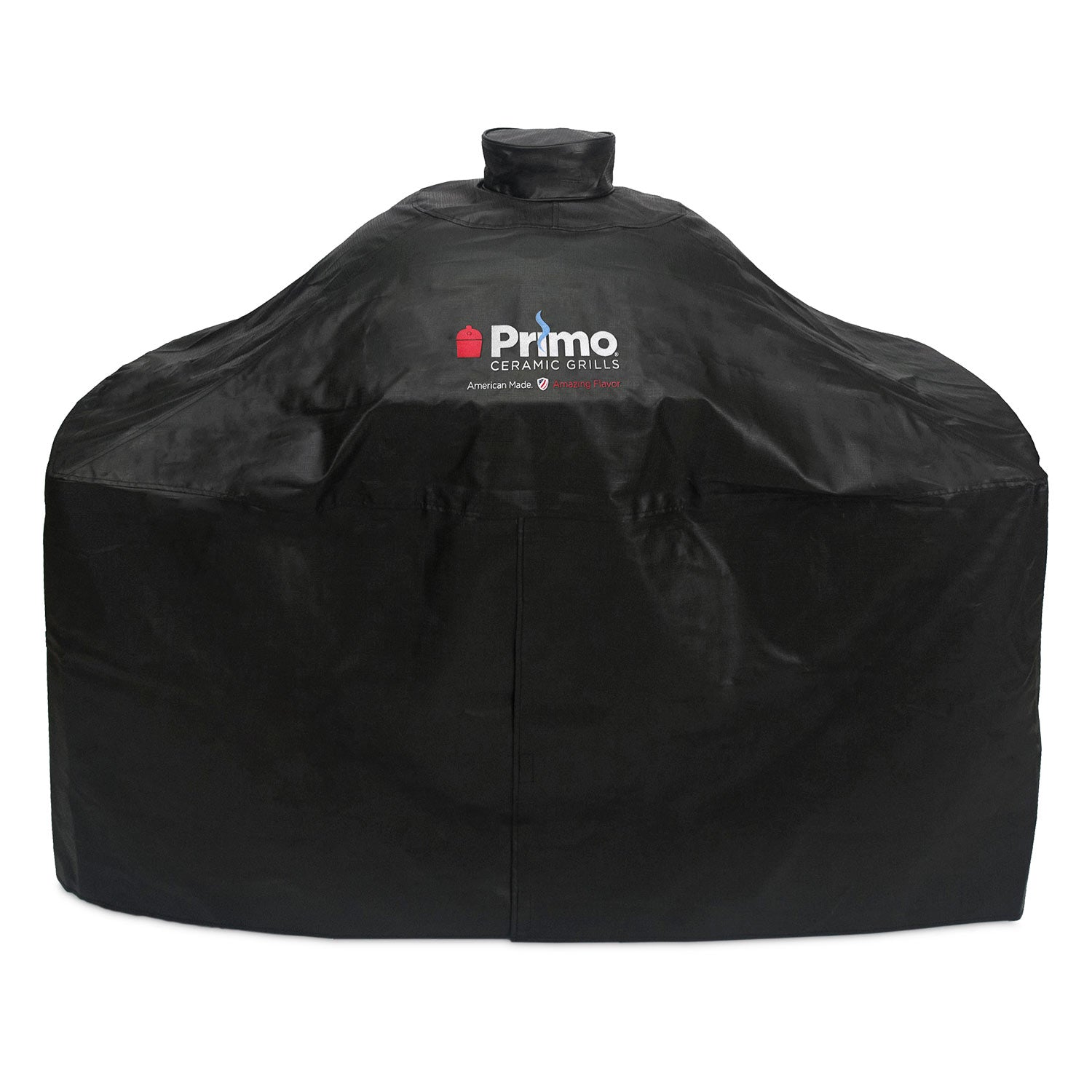 Vinyl grill cover for oval cart, black, with Primo logo and vented top
