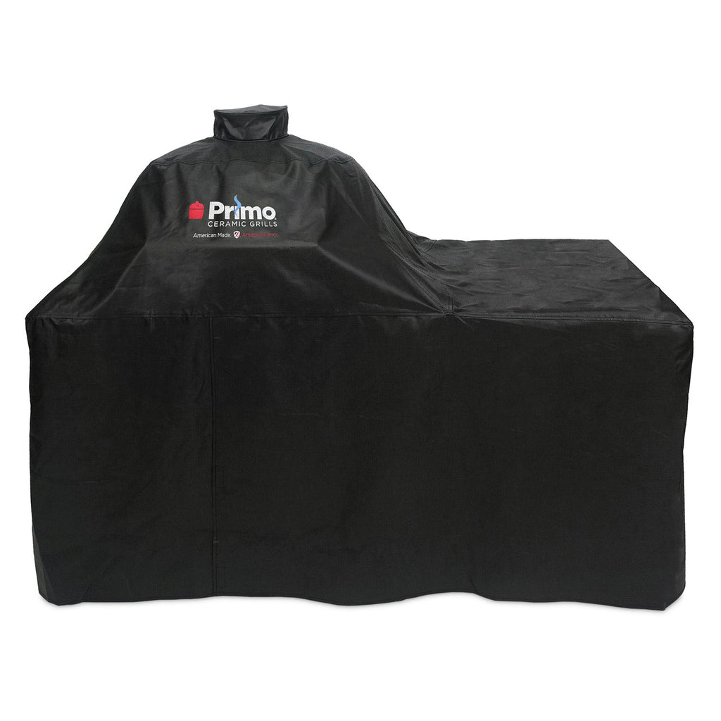 Black vinyl oval grill cover with Primo logo and drawstring hem
