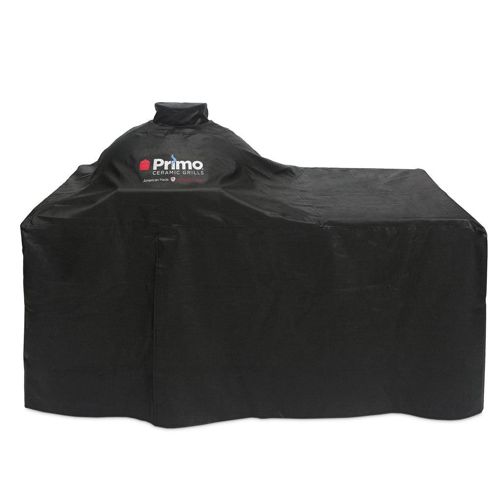 Black vinyl grill cover with built-in handles, sized for oval tabletop grills