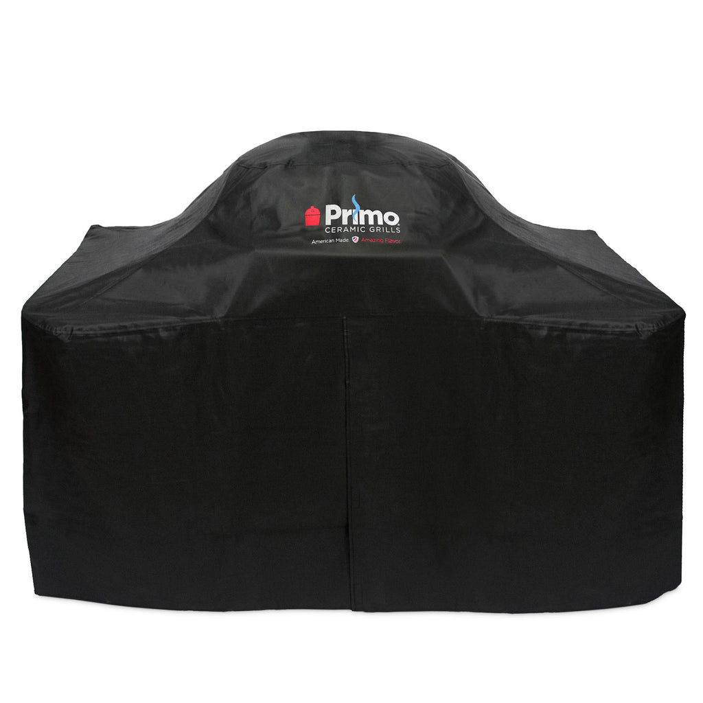 Black vinyl grill cover with Primo logo for gas kamado on two-drawer cart