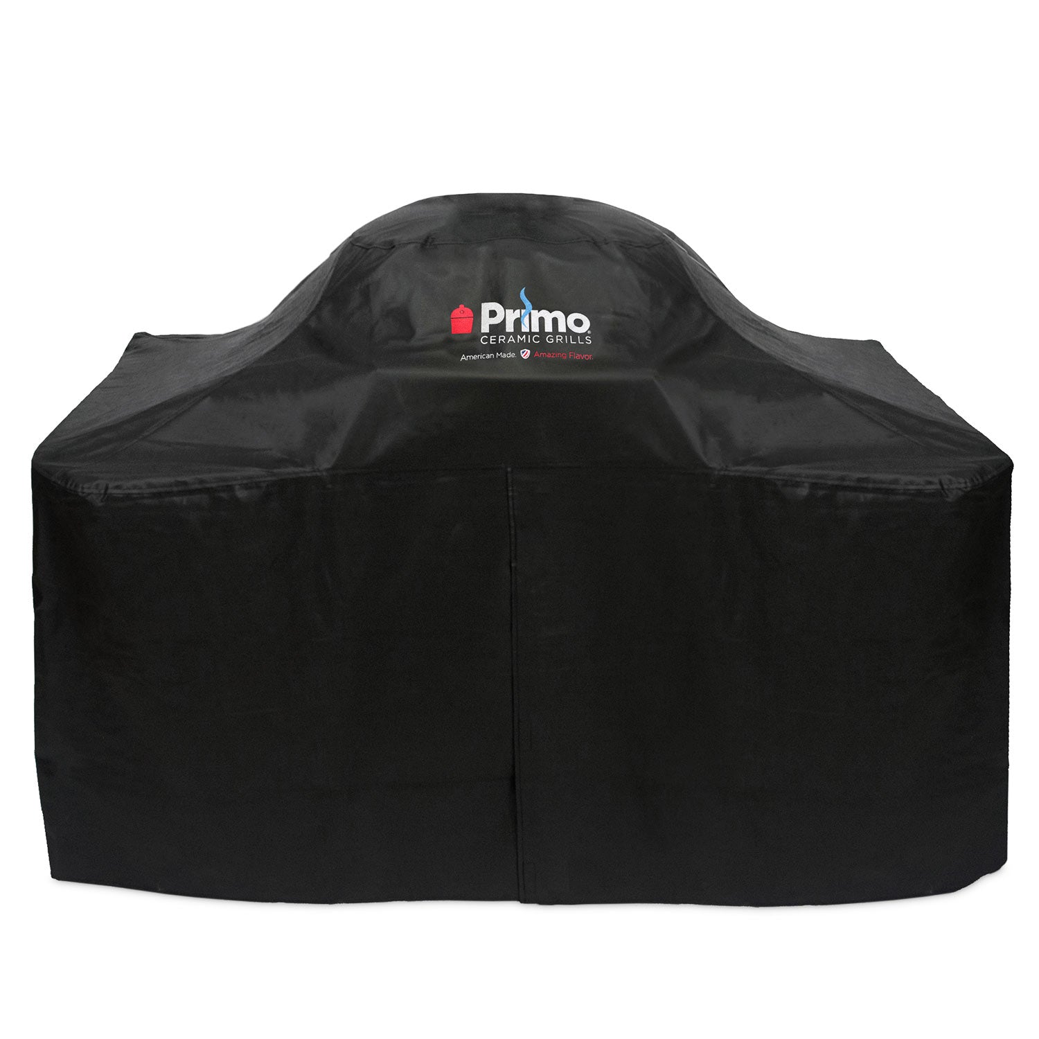 Black vinyl grill cover with Primo logo for gas kamado on two-drawer cart