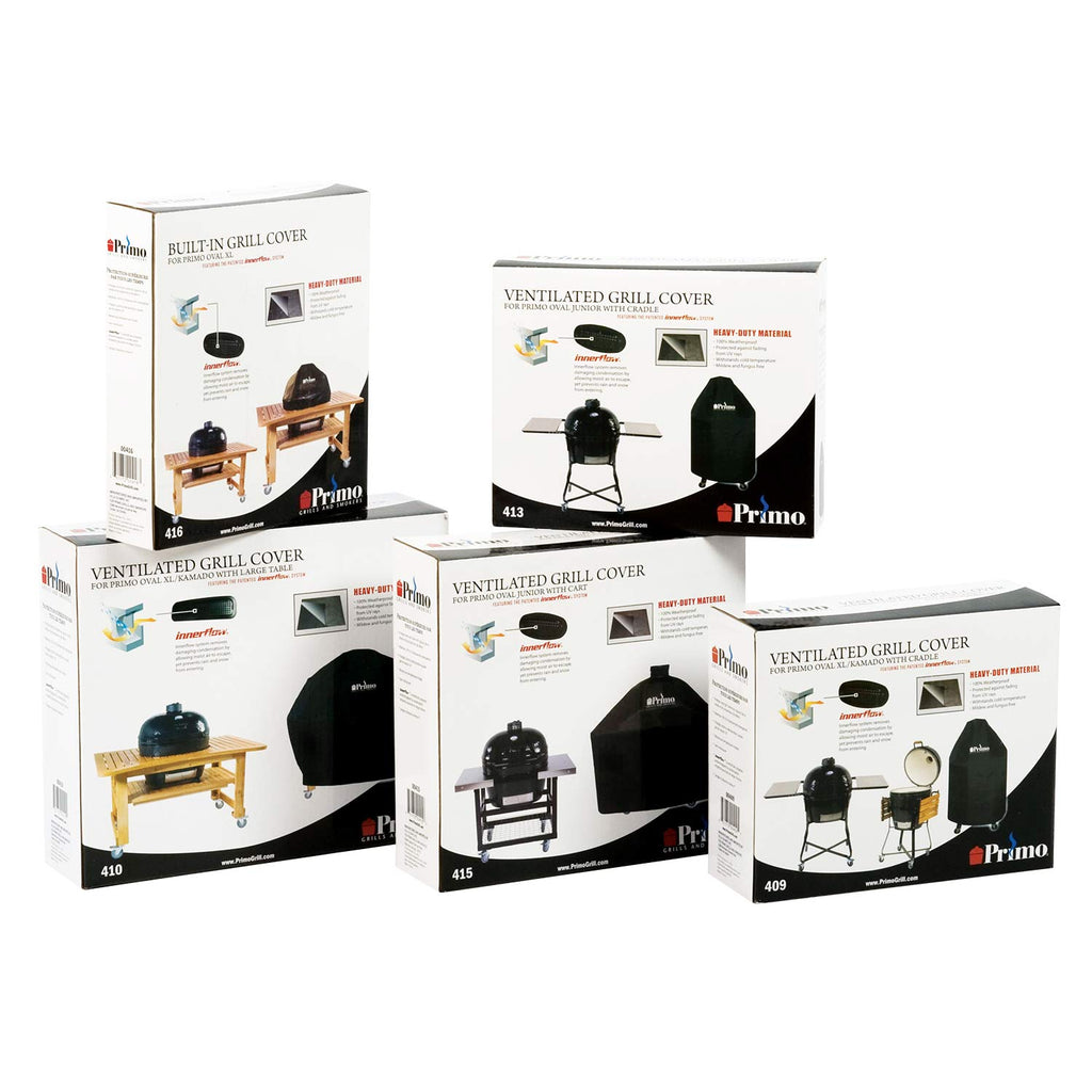 Boxed Primo ventilated grill cover packaging, multiple sizes shown