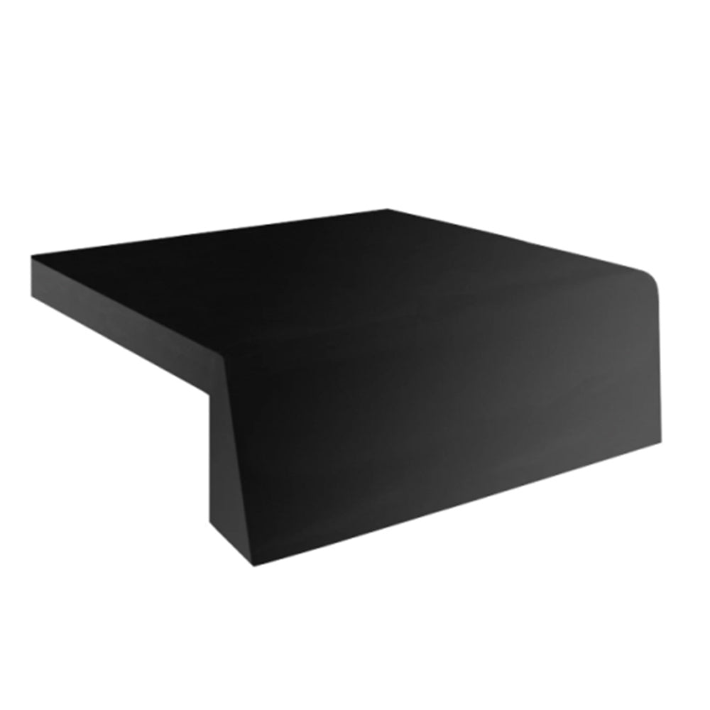 Dark vinyl grill cover with fitted, boxy shape and sloped top for power burners