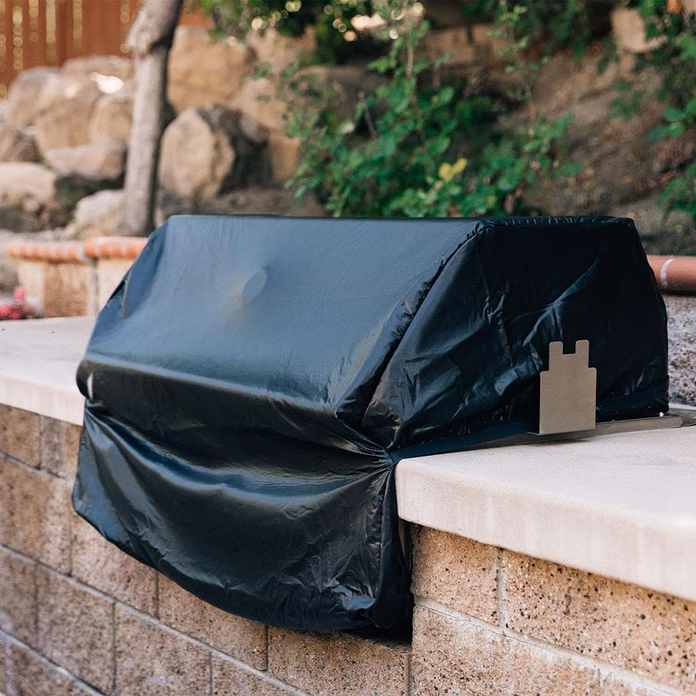Built-in grill cover, dark gray outer fabric with snug wrap over grill