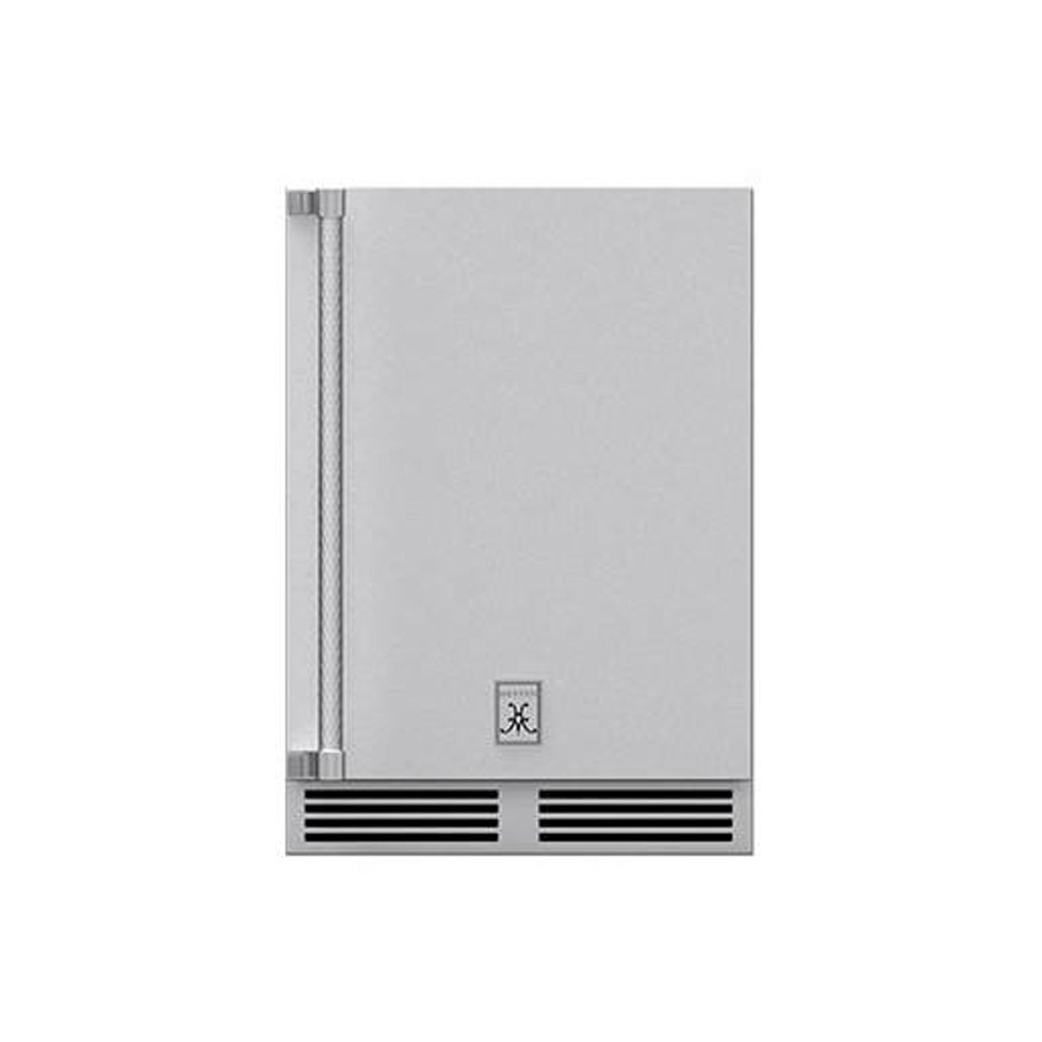 Outdoor refrigerator door with lock badge and bottom ventilation grilles, left-hinge