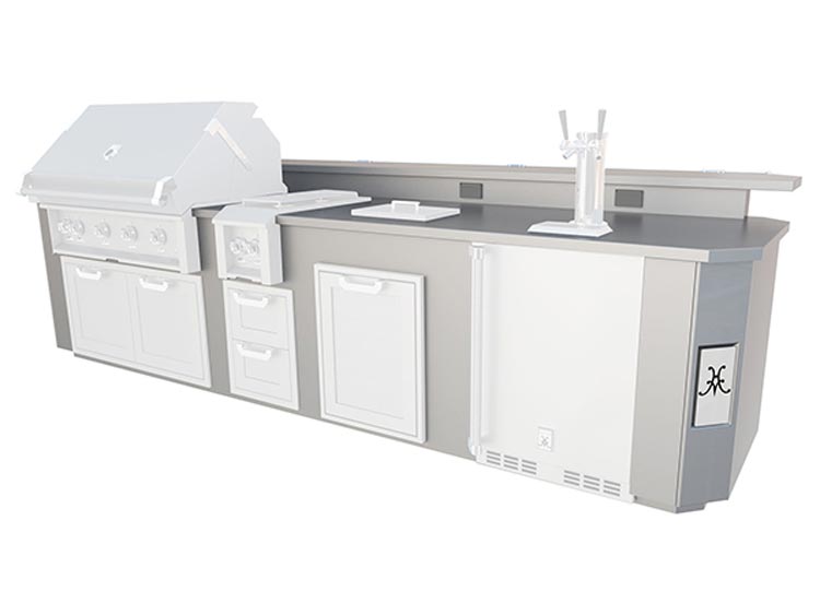 Outdoor grill island with stainless grill top, white cabinet doors, and storage drawers