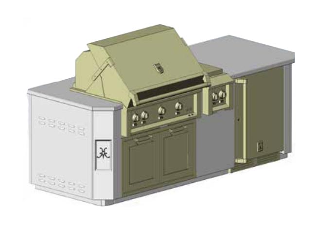 Outdoor grill island suite with raised lid and side cabinets, dark green with stainless