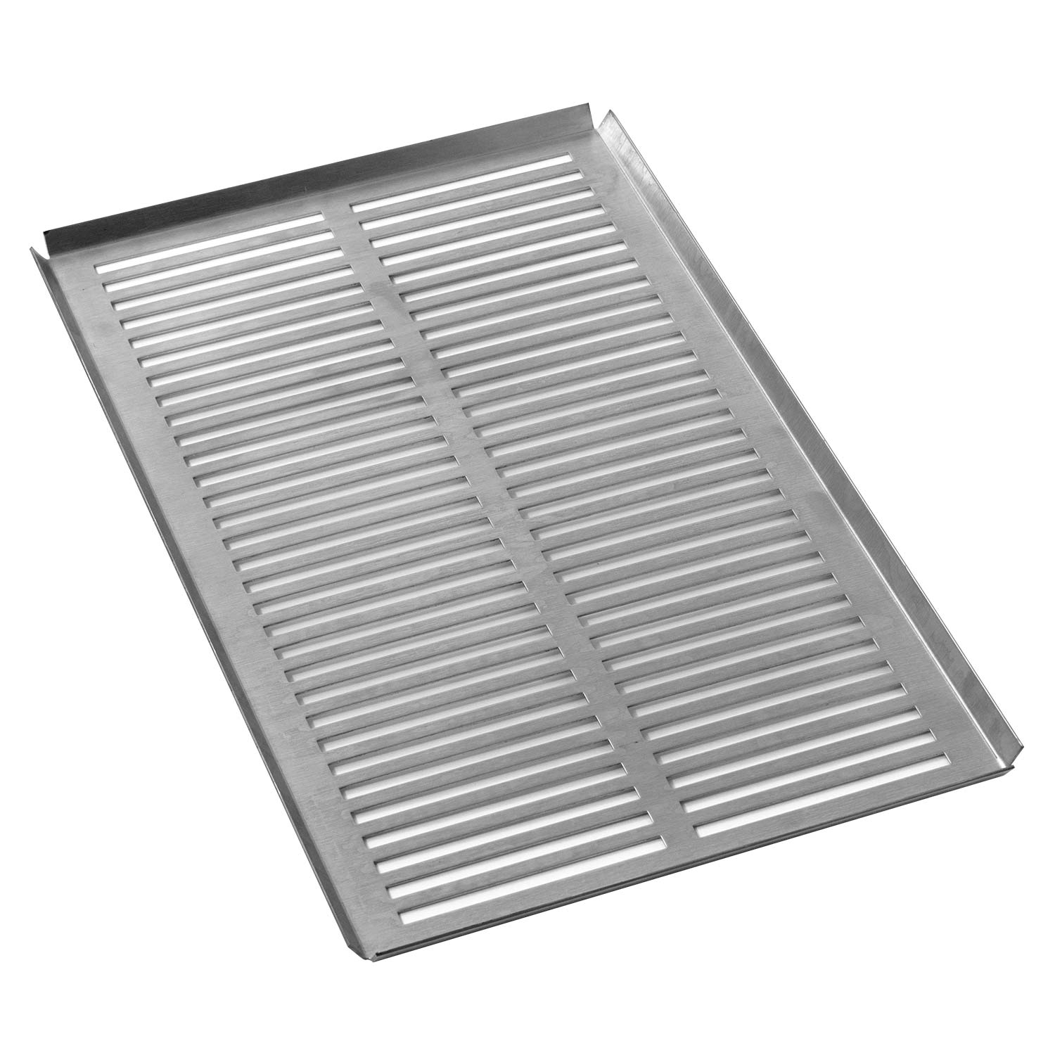 Infrared grill tray with rectangular metal frame and parallel heat slots, dark gray