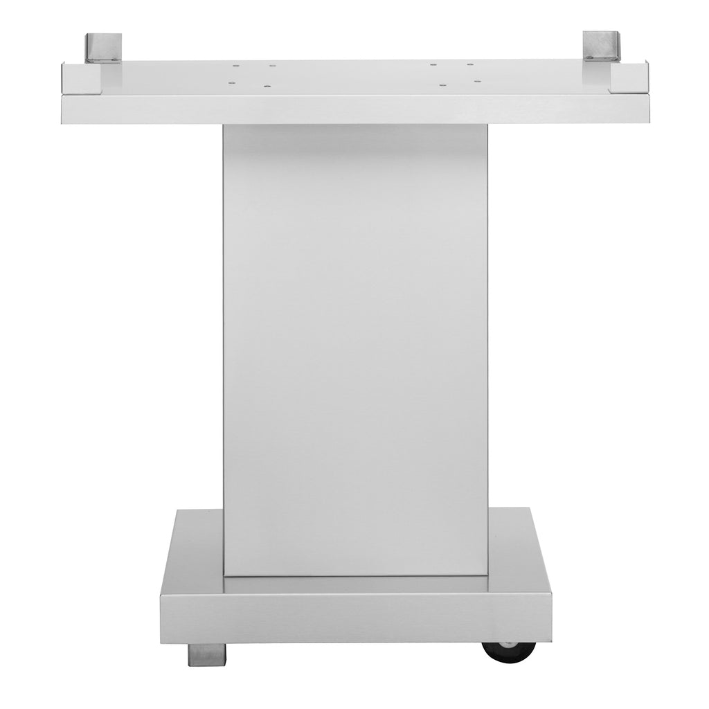 TEC stainless steel pedestal with flat top and open center frame, rolling base