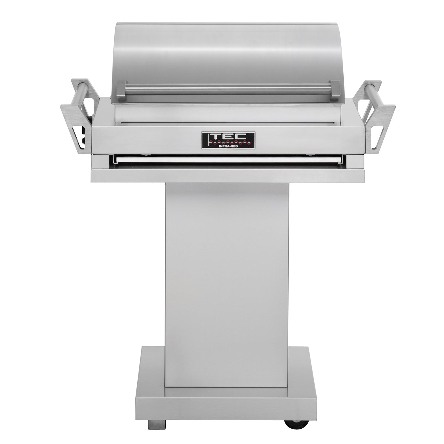 Portable grill on stainless steel pedestal, front view with closed lid and burner area